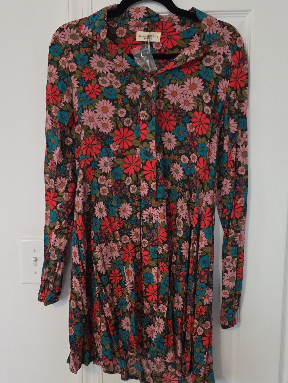 Natural Life Floral Long-Sleeve Button Dress in Red, Pink, Teal